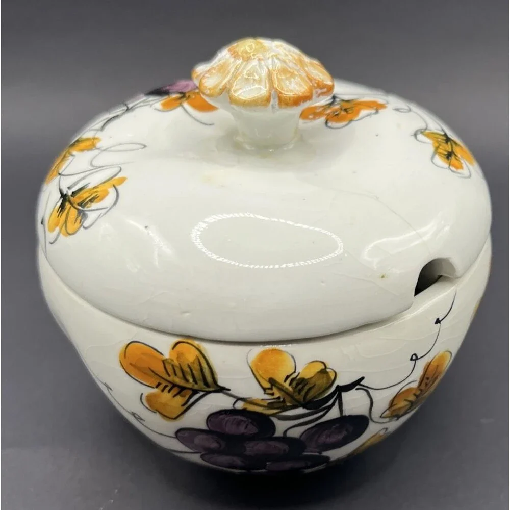 Vtg Italian Apple Shaped Covered Bowl & Saucer Hand Painted Mid-Century